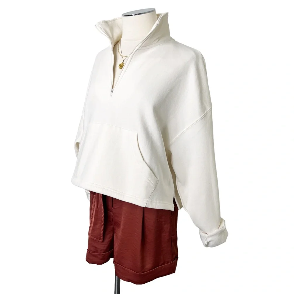 New WEWOREWHAT Women’s Oversized Cropped Cotton Blend 1/4 Zip Sweatshirt Cream S - Picture 3 of 13